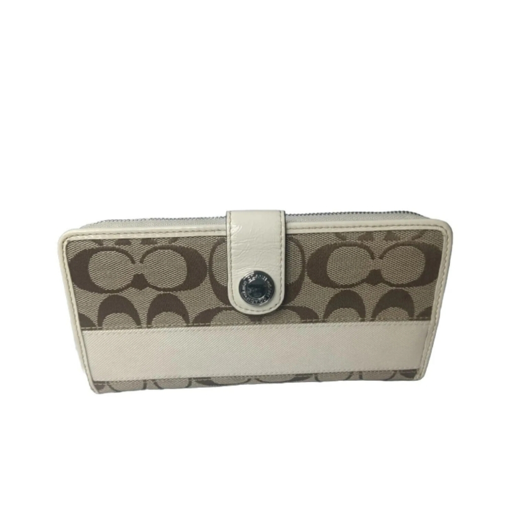 Coach Signature Stripe Checkbook Wallet Khaki~Brown~Cream Full Size - Picture 5 of 9